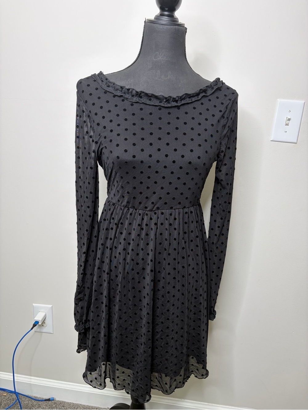 Women's Black Polka Dot Long mesh Sleeve  tie up back